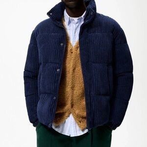Zara Corduroy Puffer Jacket Navy Coat warm winter shirt jeans Size S